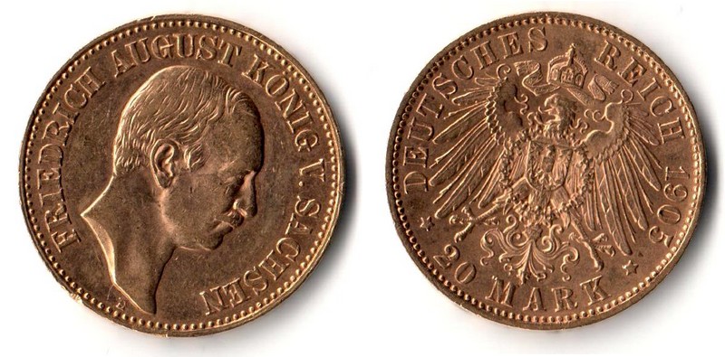 Sachsen, Königreich MM-Frankfurt Feingewicht: 7,17g Gold 20 Mark 1905 E sehr schön