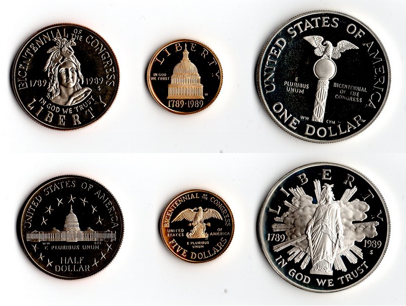 USA MM-Frankfurt  Feingewicht: 7,52g Gold, 24,06g Silber, 5 Dollar, 1 Dollar, Half Dollar 1989 pp
