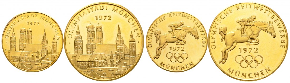PEUS 8232 München / Oympiade 20 + 26 mm / 13,45 g Feingold. Springreiter / Stadtansicht Goldmedaillen-Lot (2 Medaillen) 1972 Impaired Proof / Vorzüglich + aus PP