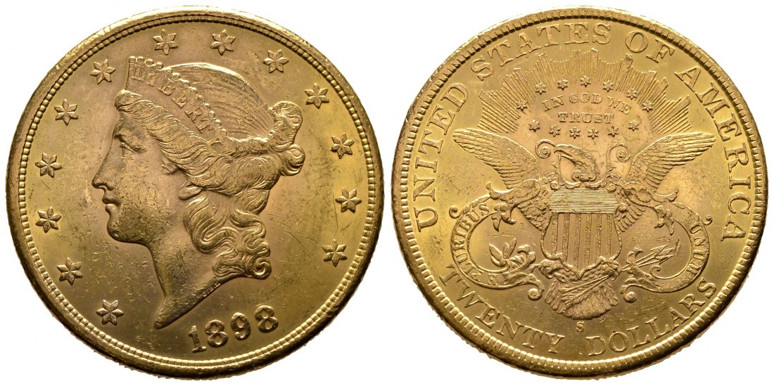 PEUS 8236 USA 30,1 g Feingold. Coronet Head 20 Dollars GOLD 1898 S Kl. Kratzer, sehr schön +