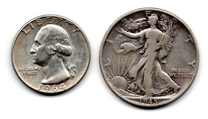  USA  Half/Quarter Dollar  1945/1964  FM-Frankfurt  Feingewicht: 11,25g und 5,62 Silber  sehr schön   