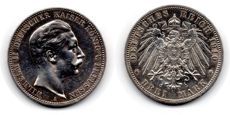  Preussen, Kaiserreich  3 Mark  1910 A  FM-Frankfurt Feingewicht: 15g Silber sehr schön/vorzüglich   