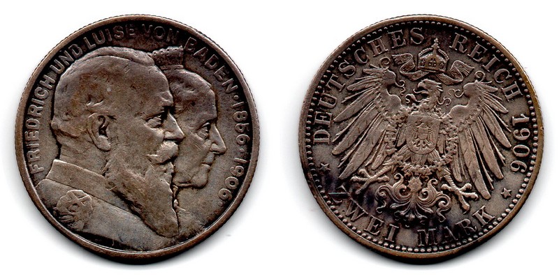  Baden, Kaiserreich  2 Mark  1906    FM-Frankfurt Feingewicht: 10g Silber  sehr schön   