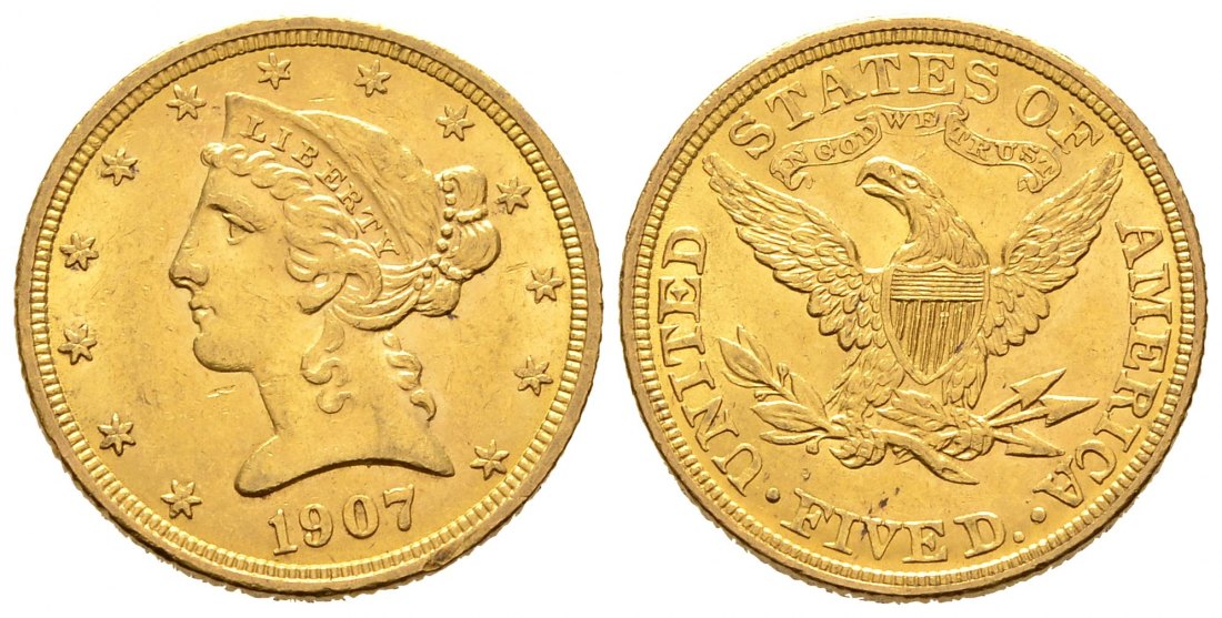 PEUS 8258 USA 7,52 g Feingold. Coronet Head 5 Dollars GOLD 1907 Kratzer, Sehr schön +