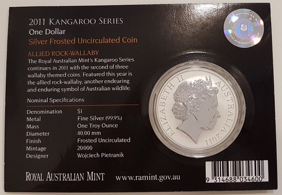  Australien  1 Dollar (Kangaroo) 2011  FM-Frankfurt Feingewicht: 31,1g Silber  mattiert stempelglanz   