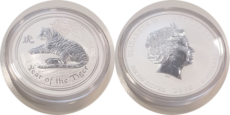  Australien  8 Dollar  Lunar II Tiger 2010  FM-Frankfurt  Feingewicht: 155,5g Silber  st   