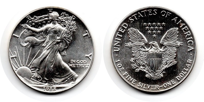  USA  1 Dollar (American Eagle) 1988 FM-Frankfurt Feingewicht: 31,1g Silber  vorzüglich   