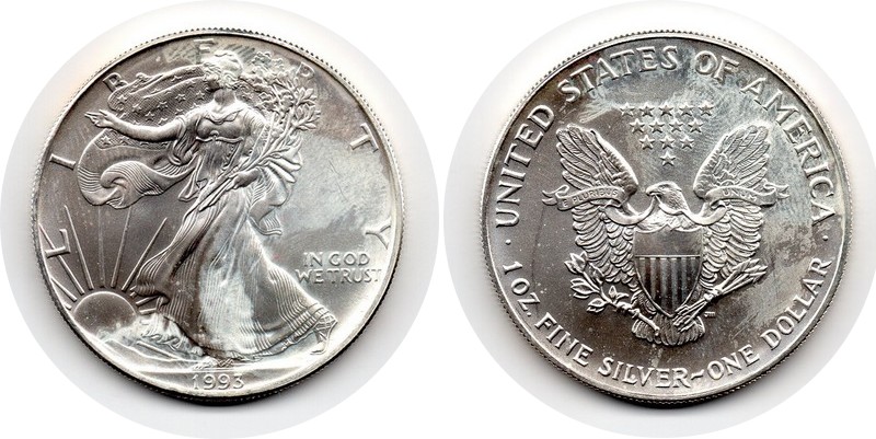  USA  1 Dollar (American Eagle) 1993 FM-Frankfurt Feingewicht: 31,1g Silber vorzüglich   