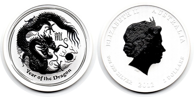 Australien  2 Dollar (Drache) 2012  FM-Frankfurt  Feingewicht: 62,2g Silber  stempelglanz   