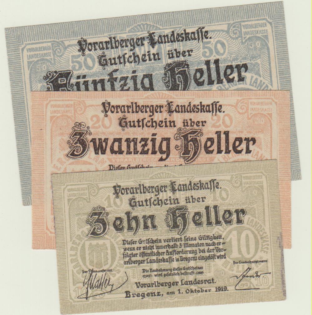  Oesterreich Notgeld 10,20,50 Heller Vorarlberger Landeskasse kfr.   