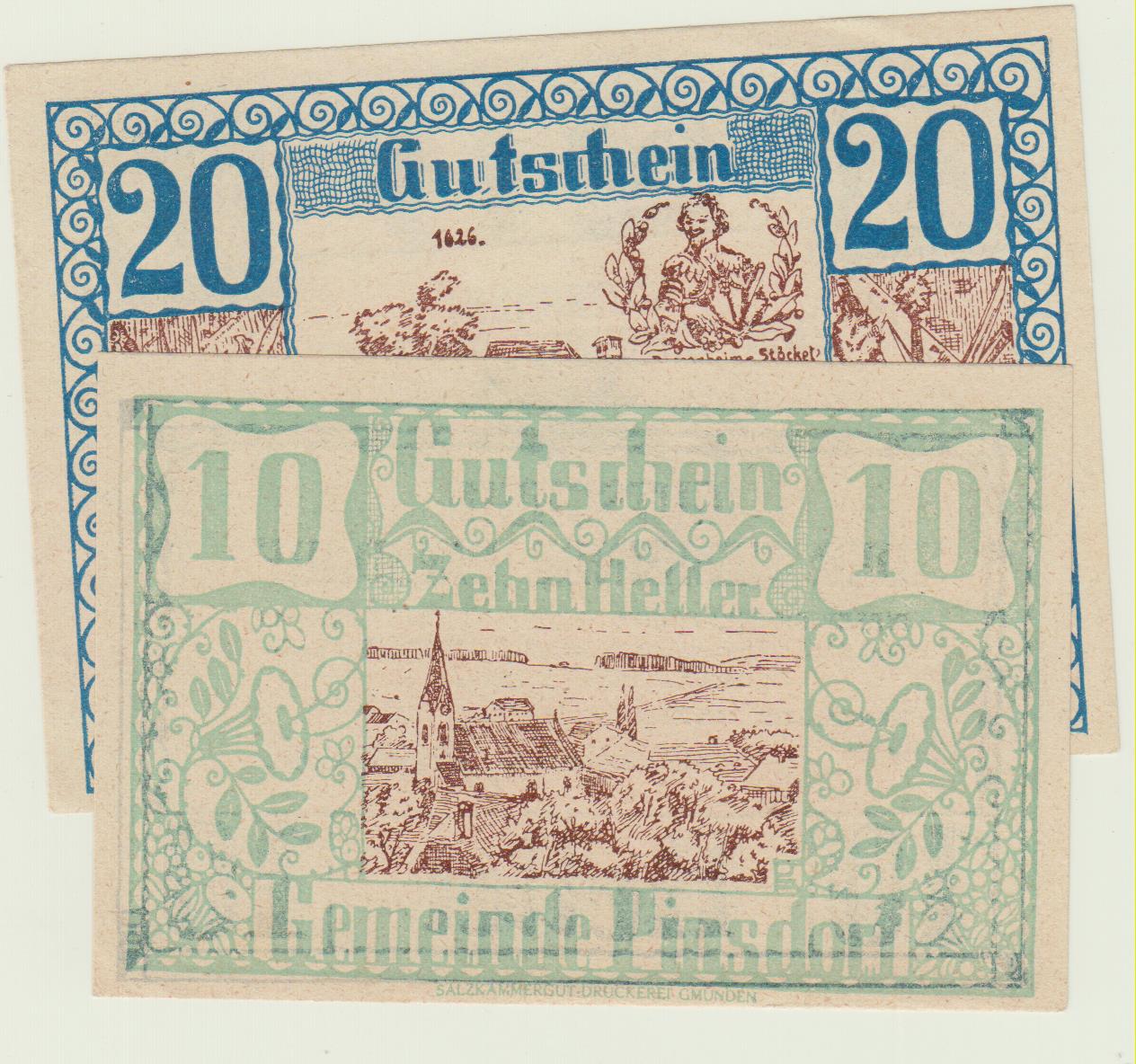  Österreich Notgeld Pinsdorf 2 Scheine 10,20 Heller kfr.   