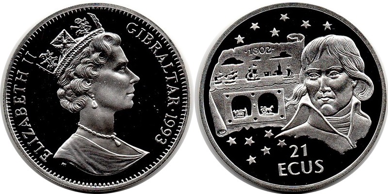  Gibraltar  21 ECU   1993 FM-Frankfurt  Feingewicht: 17,76g Silber PP   