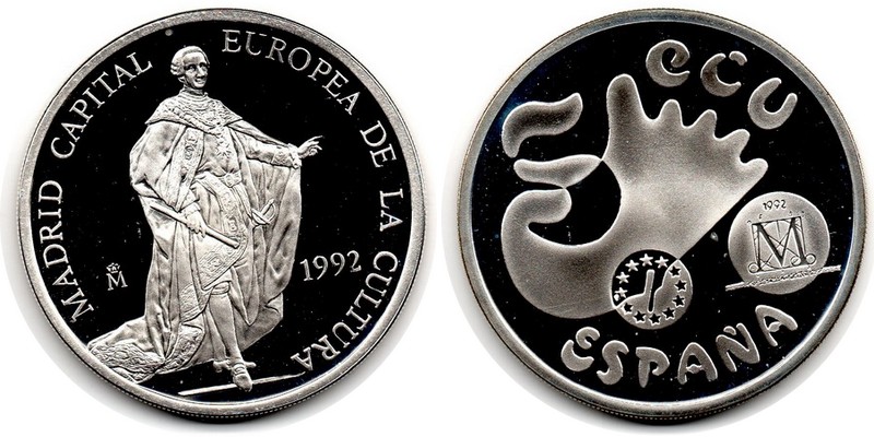  Spanien   5 ECU  1992  FM-Frankfurt  Feingewicht: 31,1g  Silber  PP   