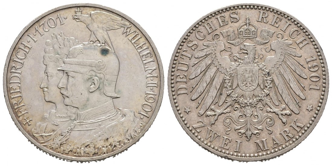 PEUS 8361 Kaiserreich - Preußen 200jähriges Jubiläum. Friedrich I. + Wilhelm II. 2 Mark 1901 A Leicht fleckig, Sehr schön +
