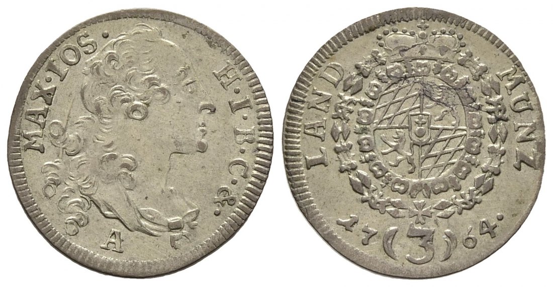 PEUS 8365 Bayern Maximilian III. Joseph (1745-1777) 3 Kreuzer 1764 Amberg Leicht gewellt, Vorzüglich