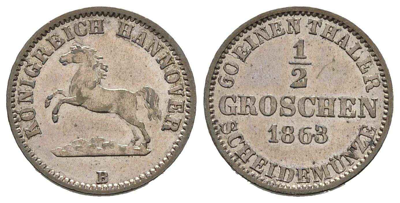 PEUS Braunschweig-Calenberg-Hannover Georg V. (1851-1866) 1/2 Groschen 1863, Hannover Sehr Schön