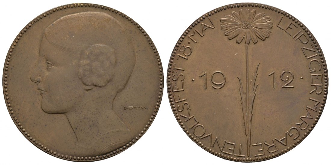 PEUS 8369 Deutschland, Leipzig 32,8 mm / 14,1 g. Auf das Margaretenvolksfest Bronzemedaille 1912 Sehr schön / Vorzüglich