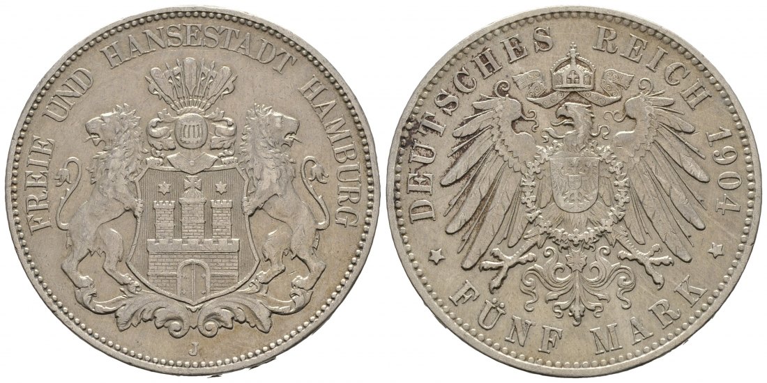 PEUS 8372 Kaiserreich - Hamburg  5 Mark 1904 J Sehr schön