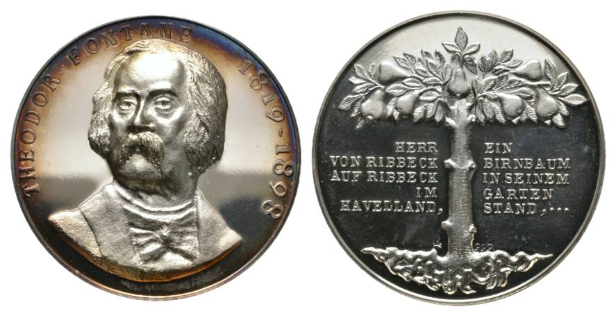  Theodor Fontane, Medaille (Prägemedaille aus Feinsilber), 29,52 g; Ø 40 mm   