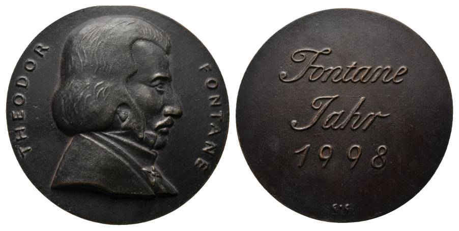  Theodor Fontane, Kunstgußmedaille Bronze; 215,26 g; Ø 76,7 mm   