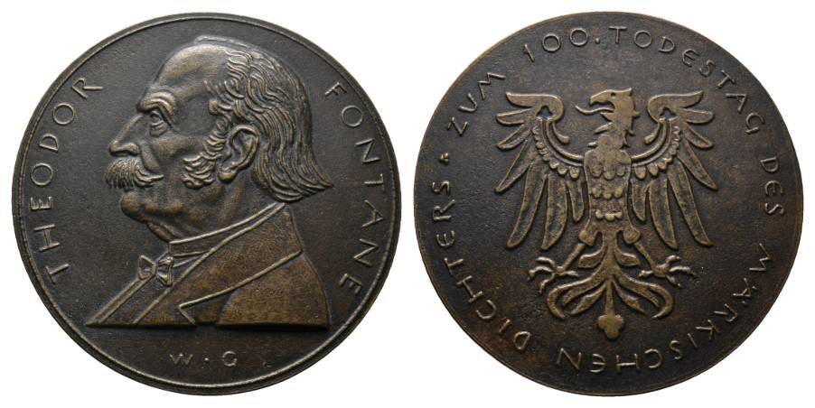  Theodor Fontane, Kunstgußmedaille Bronze; 209,4 g; Ø 84 mm   