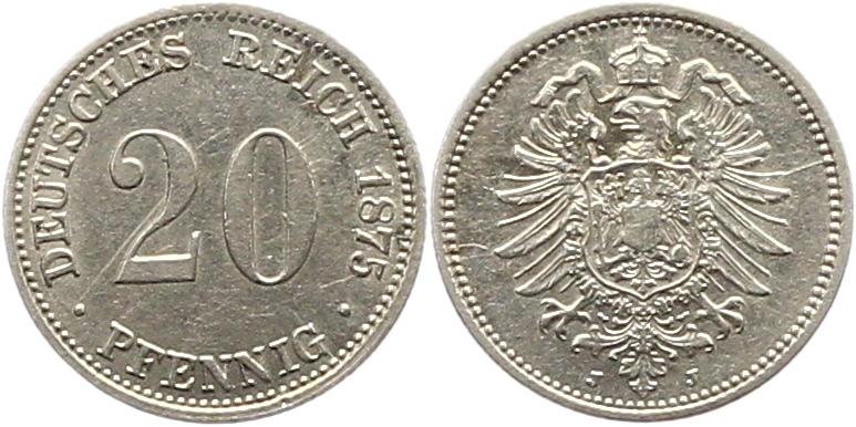  8303 Kaiserreich 20 Pfennig Silber 1875 J   