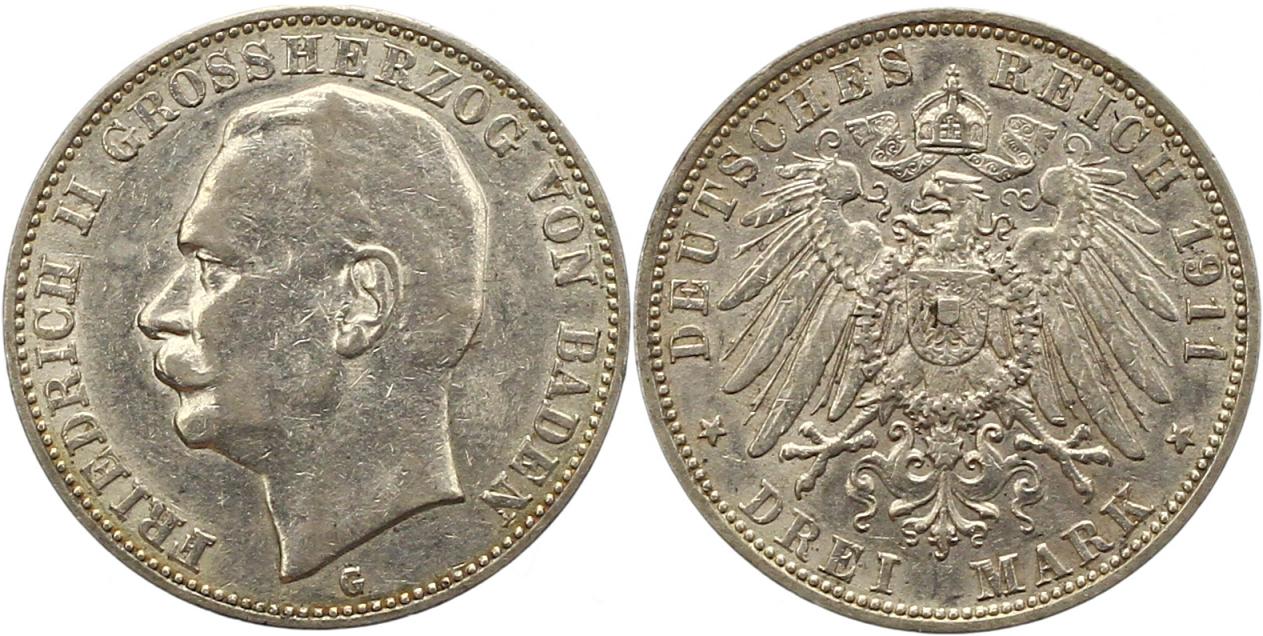  8381 Kaiserreich Baden 3 Mark 1911   