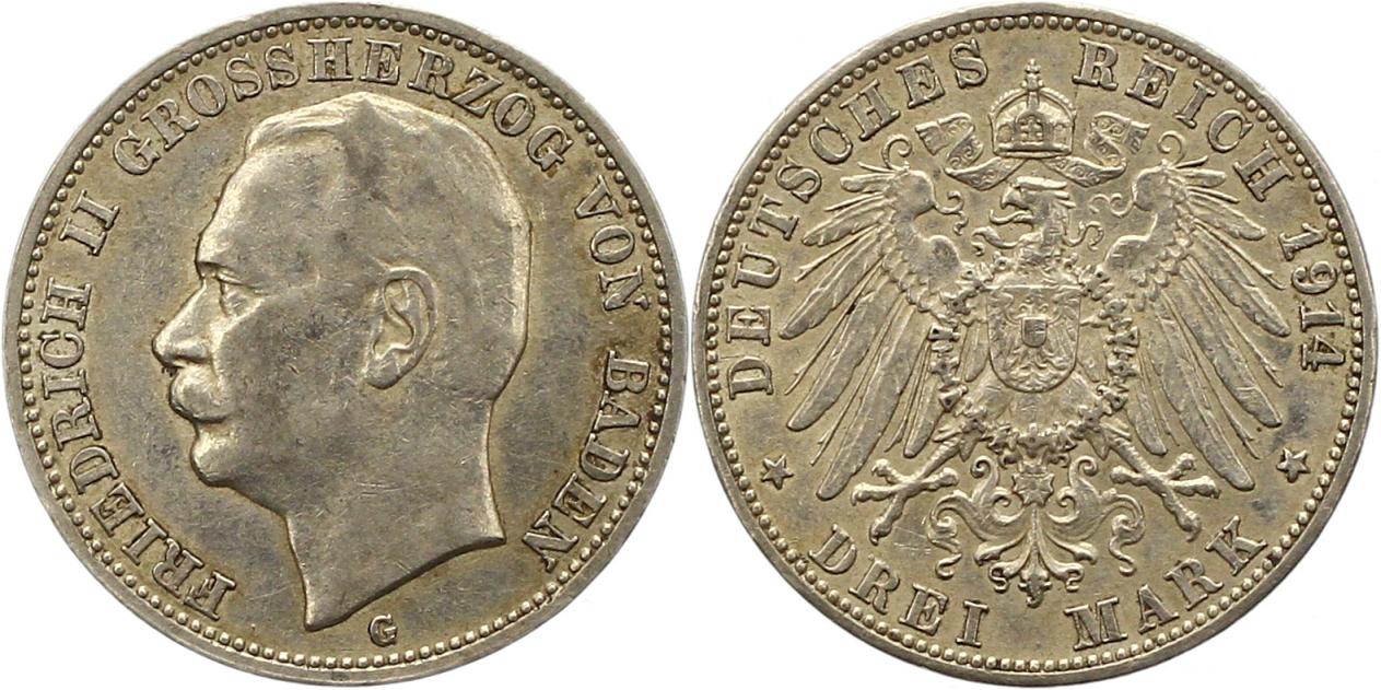  8383 Kaiserreich Baden 3 Mark 1914   