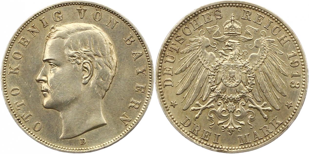  8391 Kaiserreich Bayern 3 Mark 1913   