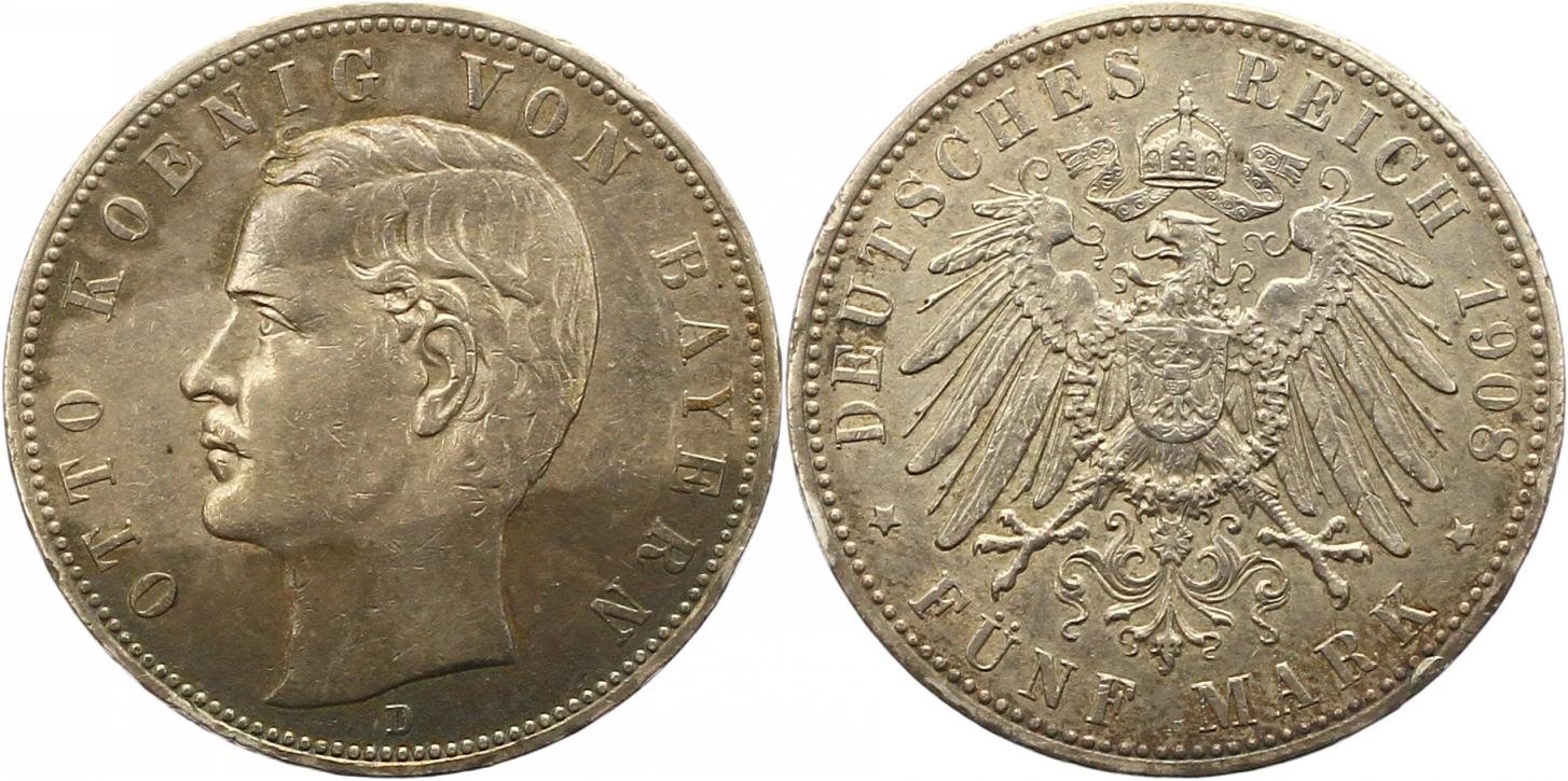  8395 Kaiserreich Bayern 5 Mark 1908   