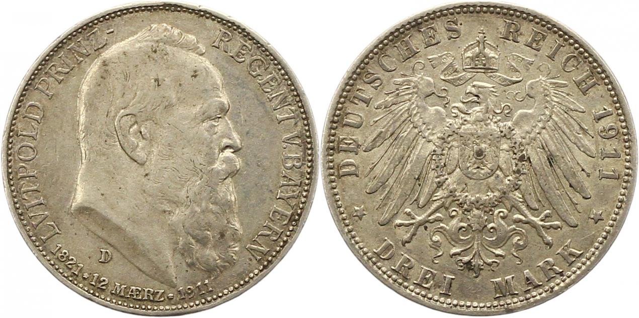  8397 Kaiserreich Bayern 3 Mark 1911 Luitpold   