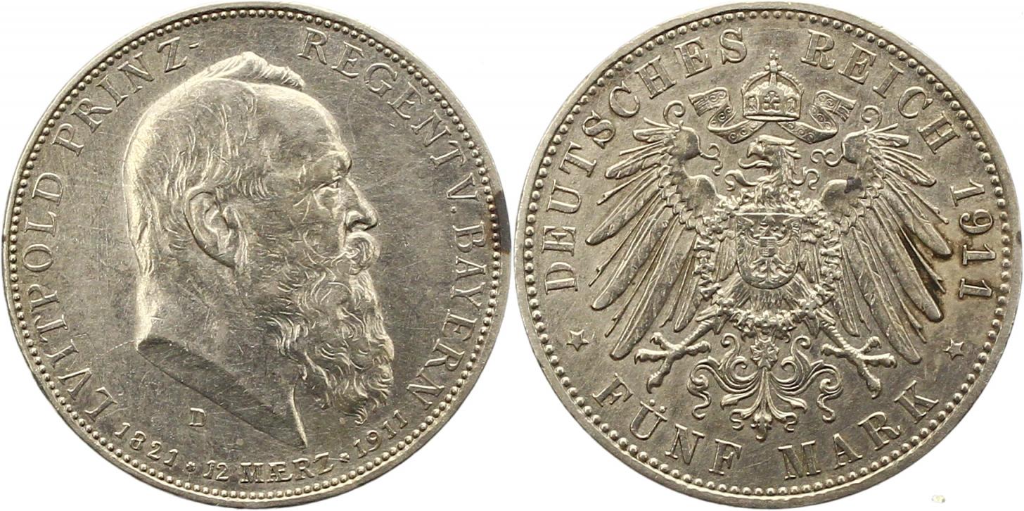  8398 Kaiserreich Bayern 5 Mark 1911 Luitpold   