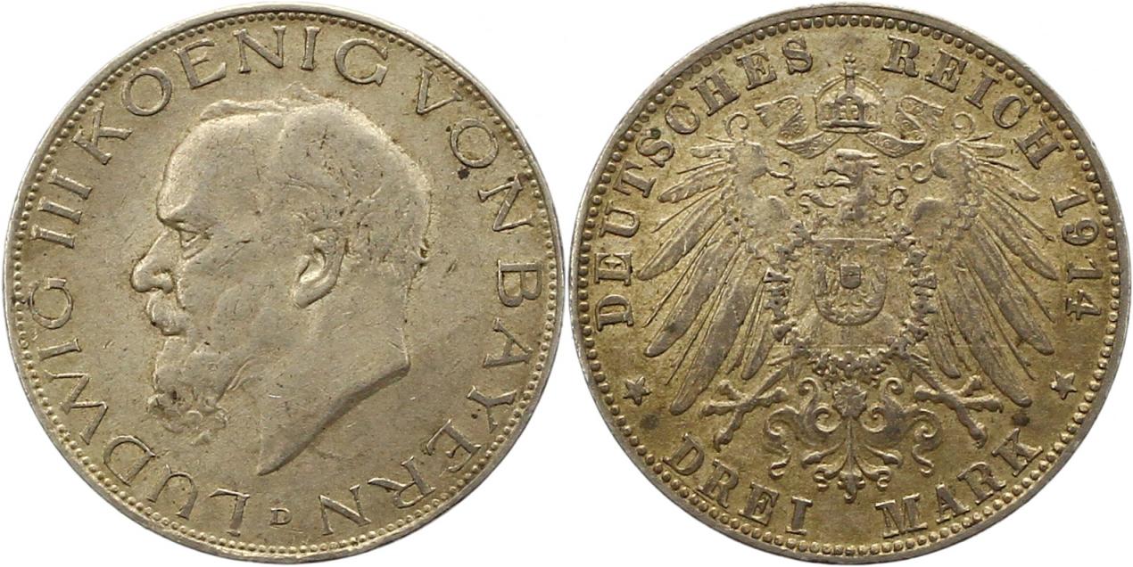  8400 Kaiserreich Bayern 3 Mark 1914   