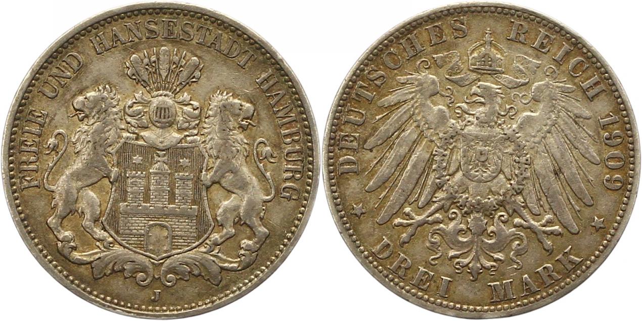 8405 Kaiserreich Hamburg  3 Mark 1909   
