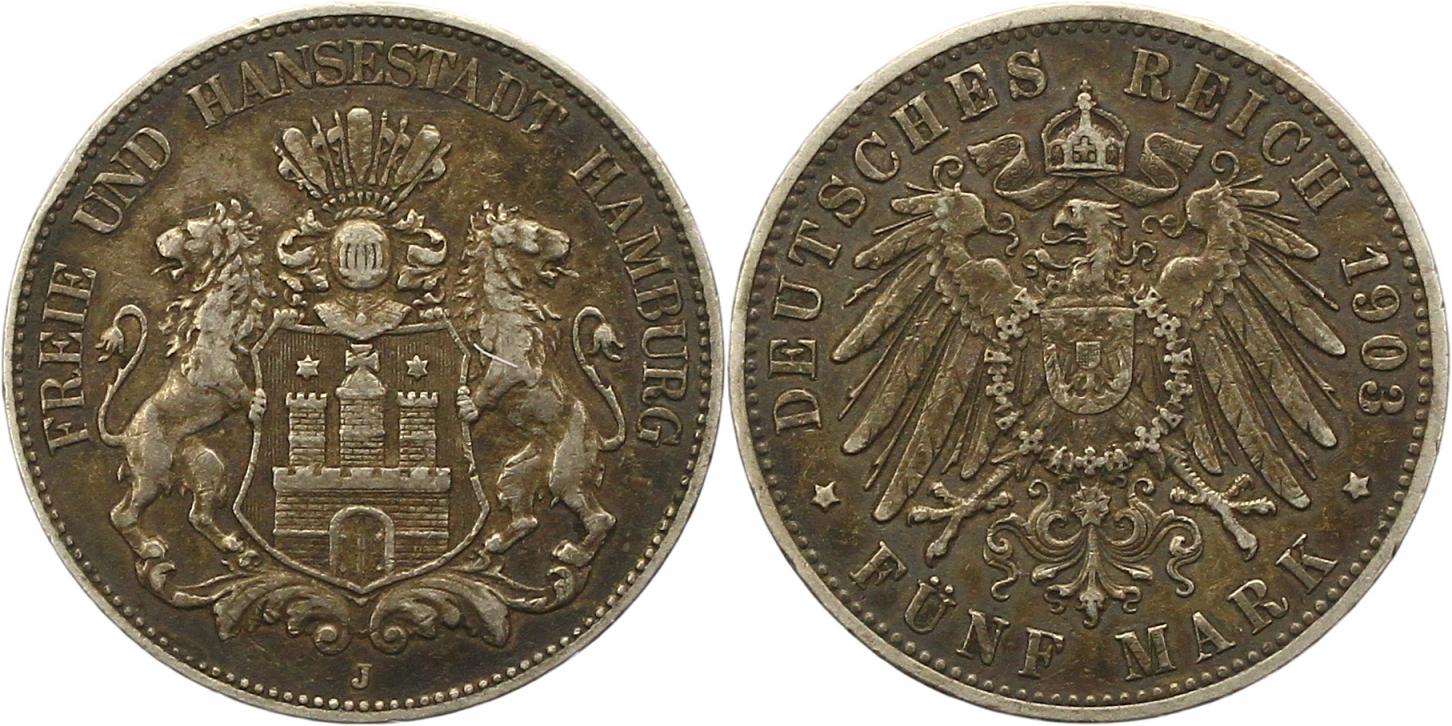  8408 Kaiserreich Hamburg 5 Mark 1903   