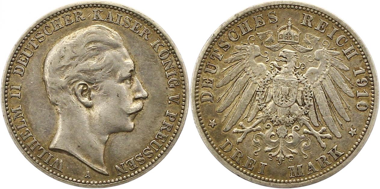  8424 Kaiserreich Preussen 3 Mark 1910   