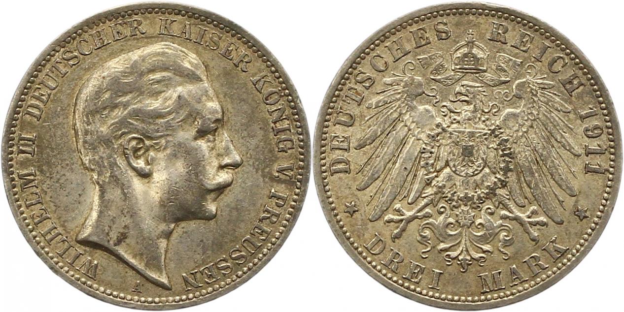  8425 Kaiserreich Preussen 3 Mark 1911   