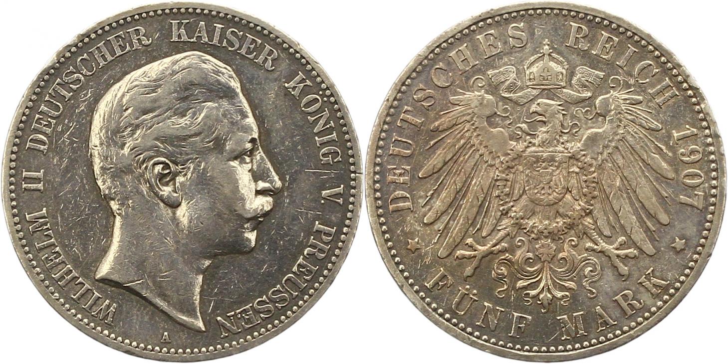  8432 Kaiserreich Preussen 5 Mark 1907   