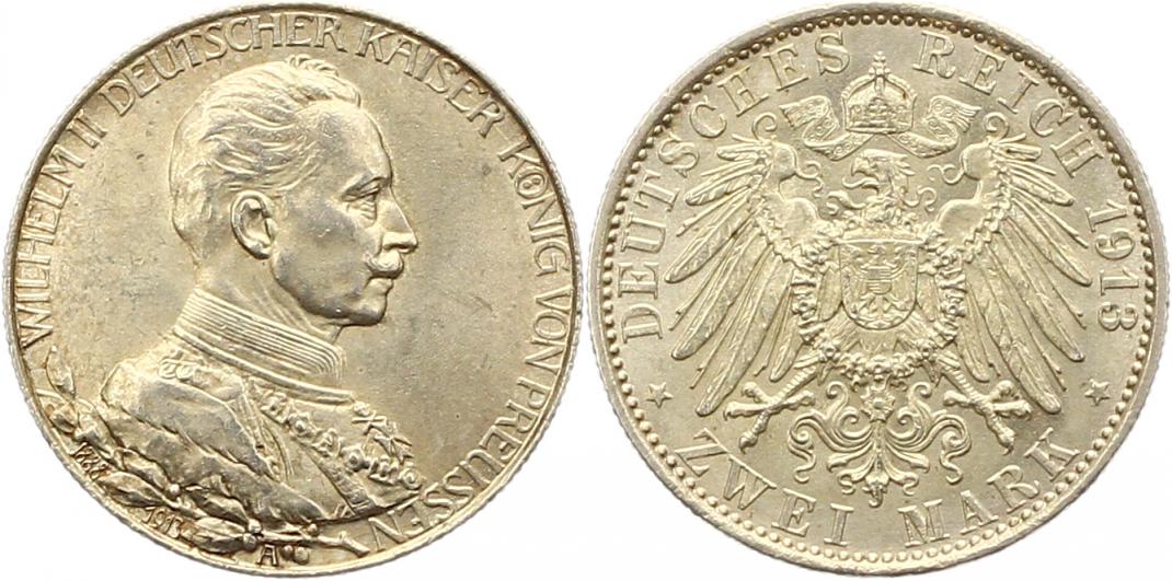  8439 Kaiserreich Preussen  2 Mark 1913 Regierungsjubiläum   