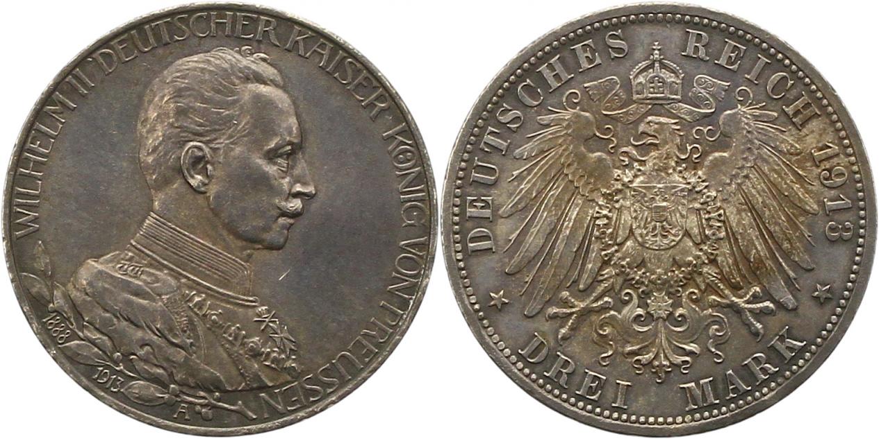  8440 Kaiserreich Preussen 3 Mark 1913 Regierungsjubiläum   