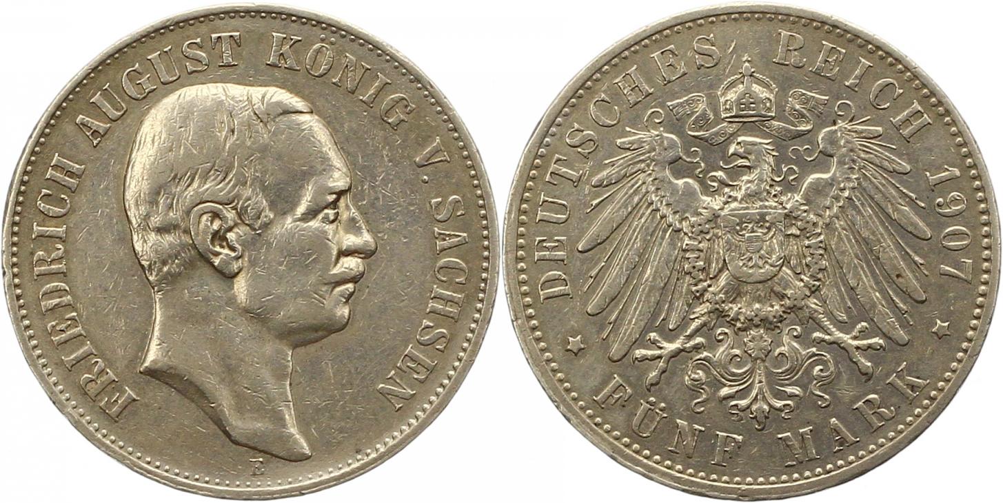 8450 Kaiserreich Sachsen 5 Mark 1907   