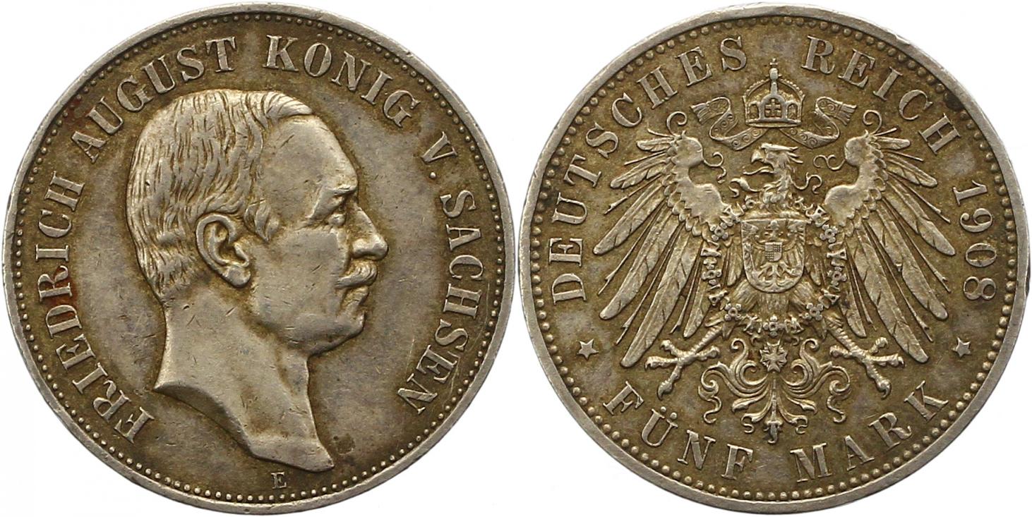  8451 Kaiserreich Sachsen 5 Mark 1908   