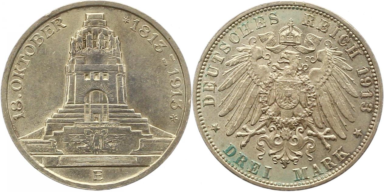  8454 Kaiserreich Sachsen 3 Mark 1913 Völkerschlachtsdenkmal   