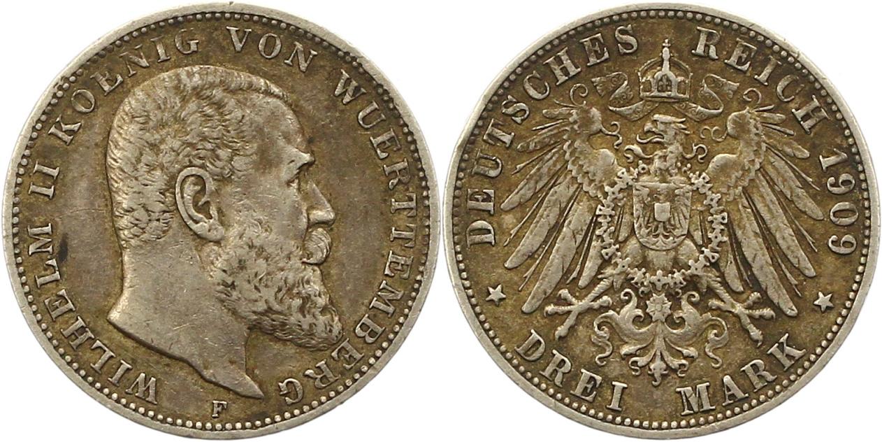  8460 Kaiserreich Württemberg 3 Mark 1909   