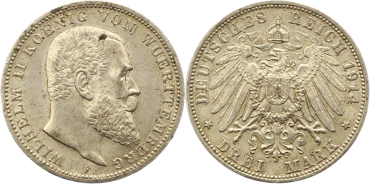  8465 Kaiserreich Württemberg 3 Mark 1914   