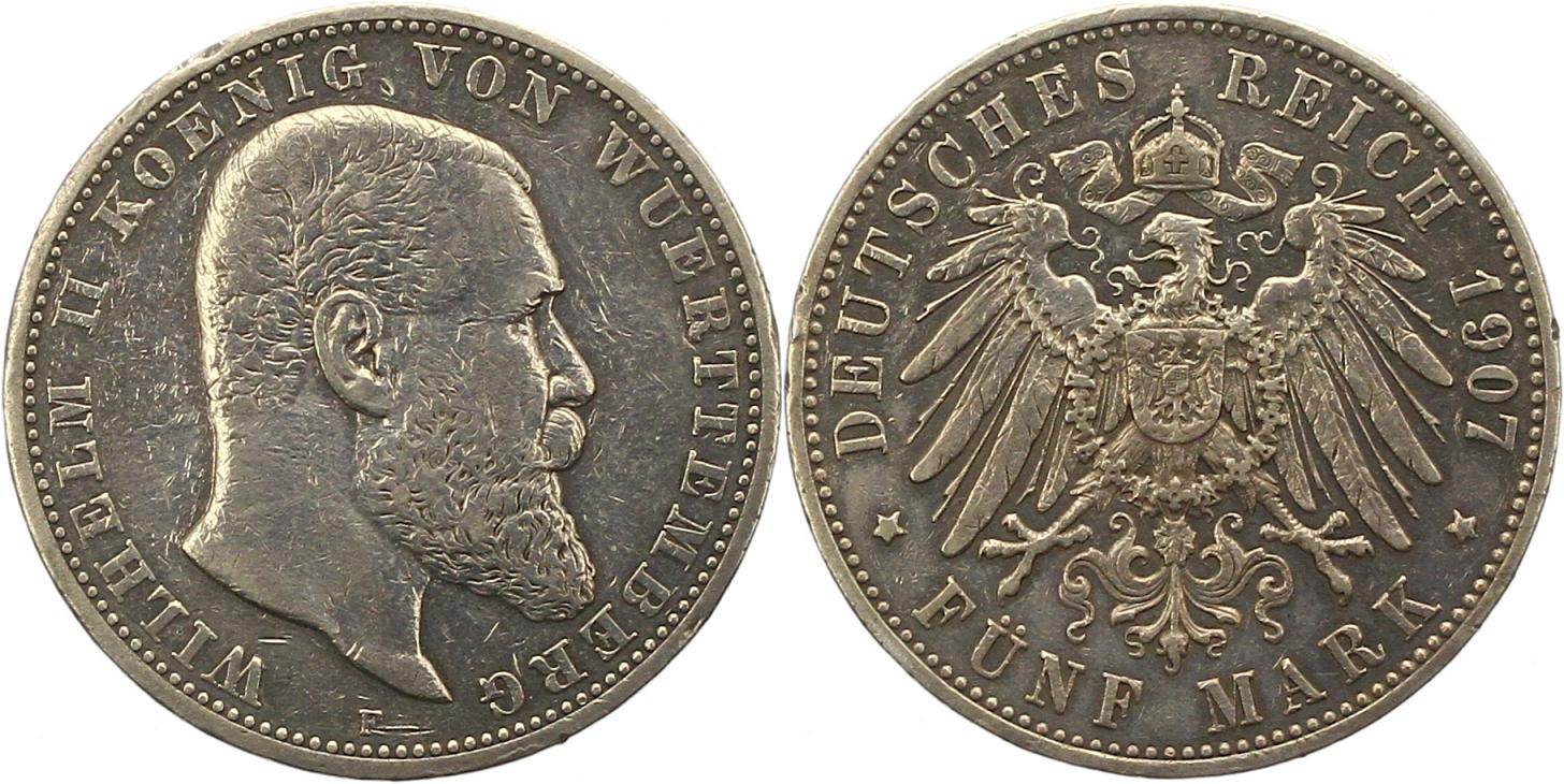  8467 Kaiserreich Württemberg 5 Mark 1907   