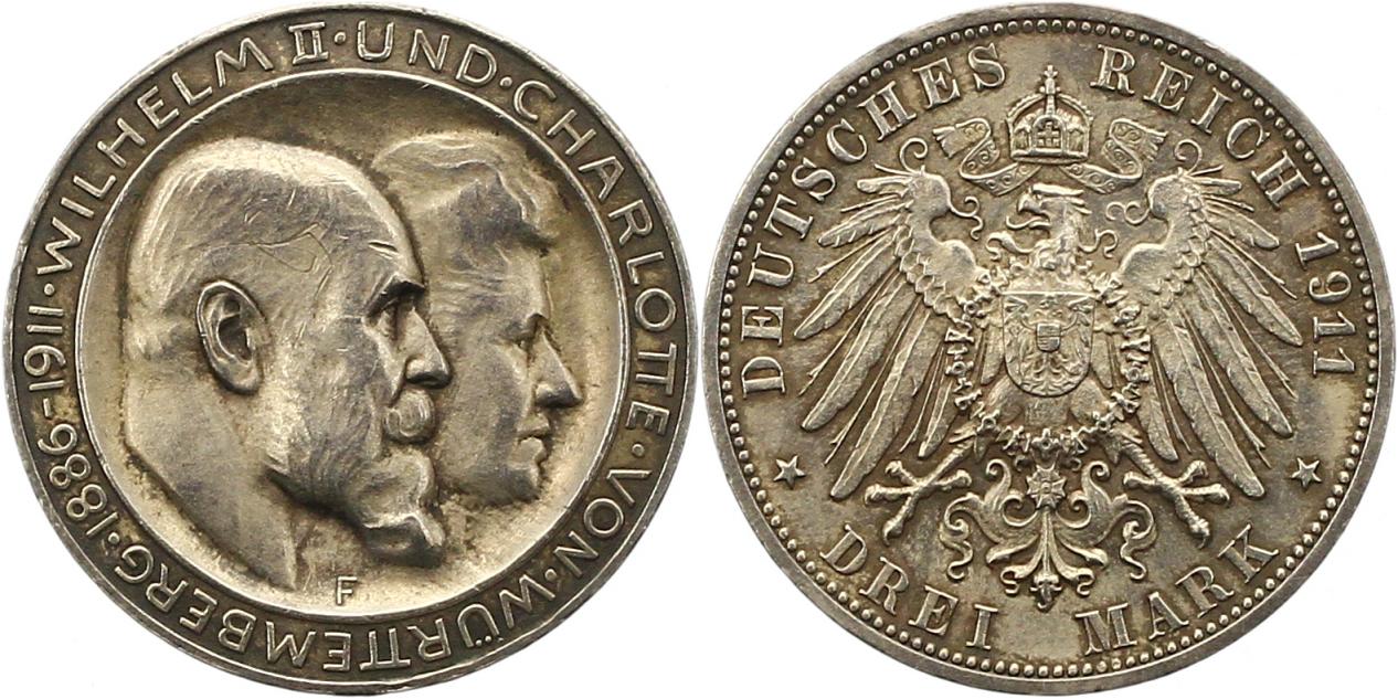  8468 Kaiserreich Württemberg 3 Mark 1911 Silberhochzeit   