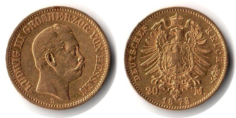 Hessen, Königreich MM-Frankfurt Feingewicht: 7,17g Gold 20 Mark 1873 H sehr schön