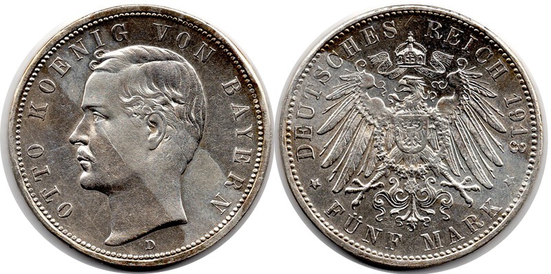  Bayern, Kaiserreich  5 Mark  1913 D  FM-Frankfurt Feingewicht: 25g Silber sehr schön   