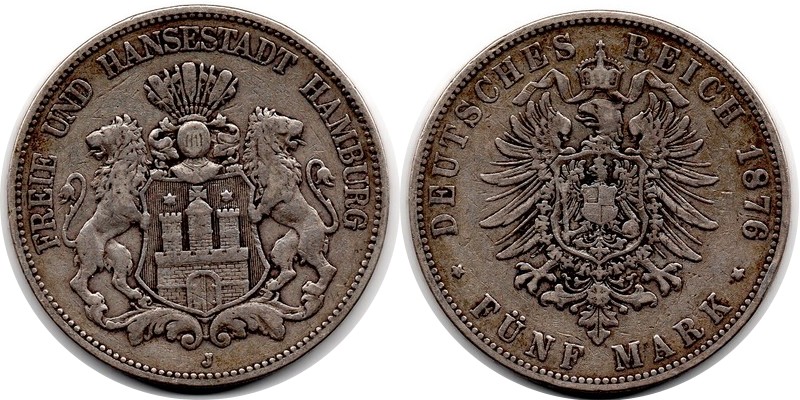  Hamburg, Kaiserreich  5 Mark  1876 J FM-Frankfurt/M Feingewicht: 25g Silber sehr schön   